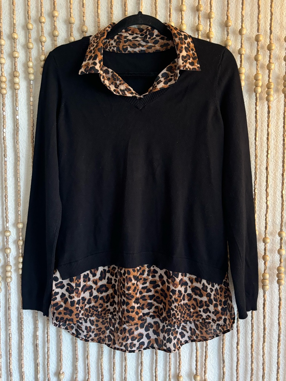 Black Cheetah Print Two in One Collared Pullover Long Sleeve y2K Sweater Too Med